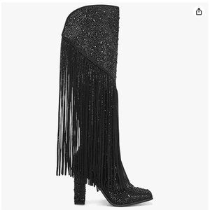 Ouepiano Women's Fringe Rhinestone Cowboy Boots Western Cowgirl Boots